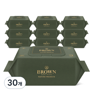 브라운 네이처 프리미엄 도톰한 아기 물티슈 엠보싱 저자극 캡형, 75g, 72매, 30개