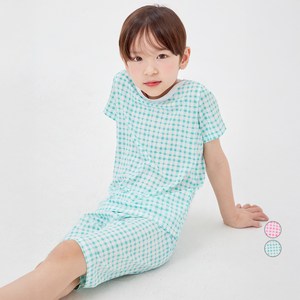 롤리트리 아동용 메쉬 스판 5부 체크 실내복 상하세트