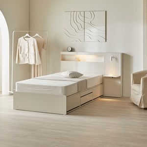 웰퍼니쳐 헤일로 수납형 LED 호텔식 합성목재 침대, 라이트그레이, 슈퍼싱글