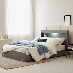 동서가구 이즈 카이 LED 1단 3서랍 헤드 수납 합성목재 수납침대 프레임, 그레이 + 화이트, 퀸