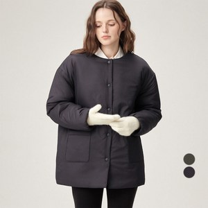 ELLE PARIS 여성용 루즈핏 노카라 패치 포켓 패딩 점퍼