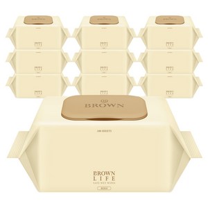 브라운라이프 베이지 도톰한 아기 물티슈 대용량 엠보싱 저자극 캡형, 50g, 100매, 10개