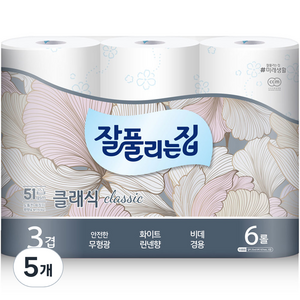 잘풀리는집 클래식 3겹 퀄팅 롤화장지 25 m, 6롤, 5개