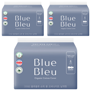 블루블루 유기농 순면커버 오버나이트 생리대 날개형, 슈퍼롱, 6개입, 3개