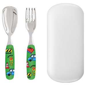 주니 유아용 올스테인레스 스푼 + 포크 + 케이스 세트, 그린, 1세트