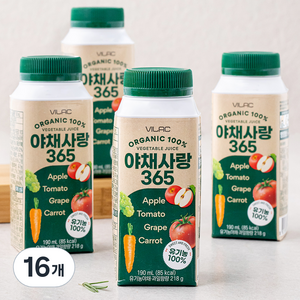 비락 유기가공식품 인증 야채사랑 365 주스, 190ml, 16개