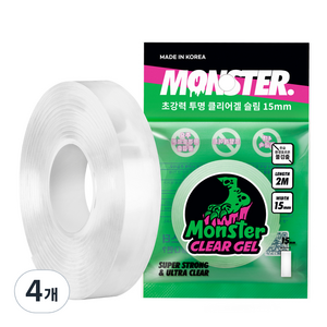 몬스터클리어겔 슬림 초강력 실리콘 양면테이프 15mm x 2m, 4개, 투명