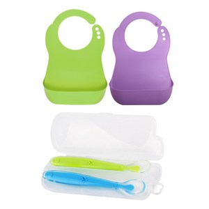 베베락 소프트 이유식 턱받이 + 실리콘 피딩스푼, 그린 + 퍼플 + ..., 1세트