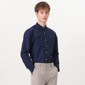 베이직하우스 남성용 린넨 코튼 솔리드 긴팔셔츠 HUWS3151, 다크네이비