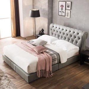 젠티스 피에르 평상형 PU 가죽 퀼팅 헤드보드 침대, 그레이, 퀸