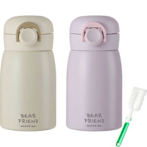 푸코 베어프렌드 원터치 보온병 2p + 세척솔 세트, 350ml, 베이지, 퍼플(보온병)