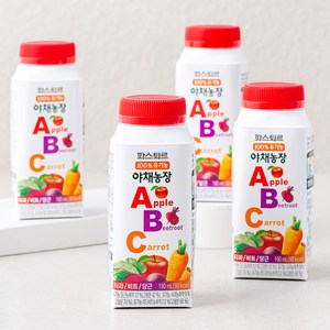 파스퇴르 유기가공식품 인증 야채농장 ABC 과채 주스, 190ml, 4개