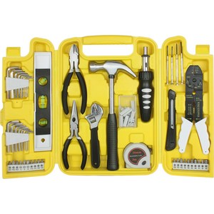 뉴썬 가정용 수공구 50종 세트, 와이어스트리퍼 + 커터칼 + 망치 + 줄자 + 수평계 + 드라이버비트 20p + 육각키 20p + 정밀드라이버 4p + 롱노우즈 + 니퍼 + 몽키렌치 + 드라이버핸들 + 미니철물박스 + 보관케이스, 1세트