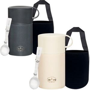 DIYOU 스텐 보온 도시락 죽통 600ml 2p + 스텐스윙 스푼 2p + 전용 파우치 2p 세트, 아이보리, 차콜, 1세트
