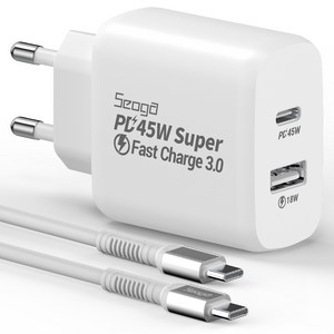 서가 45W PD3.0 PPS 2포트 멀티 C타입 초고속 충전기+60W 메탈 고강도 CtoC 초고속 케이블 1.5m 세트, 화이트, 1세트