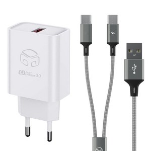 디지지 USB 18W QC3.0 고속충전기 + C타입 2라인 고속충전 멀티케이블 120cm 세트, 화이트(충전기), 메탈실버(케이블), 1세트