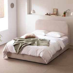 젠티스 모어 스퀘어 원목 지지대 스퀘어 헤드 패브릭 침대, 베이지, 퀸