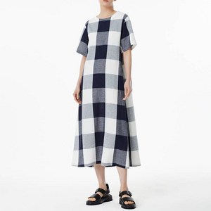 JAJU 여성용 리넨 블렌디드 체크 롱 원피스
