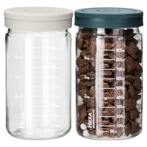 미르 헥사 슬림 원통형 눈금 실리콘뚜껑 밀폐 유리병 2종 세트, 1000ml, 1세트