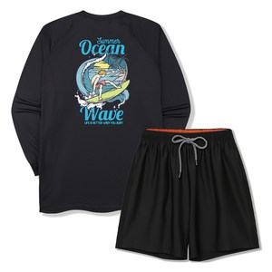 일루소 남성용 썸머오션 오버핏 긴팔 래쉬가드 + 4부 스판 비치 팬츠 세트