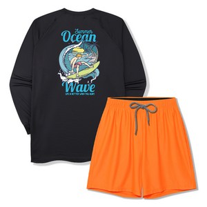 일루소 남성용 썸머오션 오버핏 긴팔 래쉬가드 + 4부 스판 비치 팬츠 세트