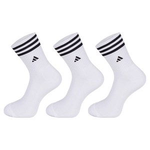 아디다스 삼선 쿠션 중목 자수 스포츠양말, 화이트, L, 3세트