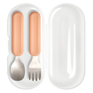 에디슨 아동용 이지 그립 실리콘 스푼 포크 케이스 세트, 스푼 + 포크 + ..., 코랄, 1세트