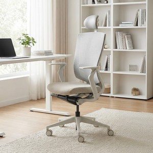 듀오백 브라보 BR-200CFW 사무용 메쉬 컴퓨터 책상 의자, 베이지, 695 x 565 x 1120~1210 mm