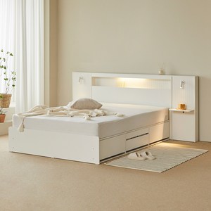 웰퍼니쳐 헤일로 프레임 수납형 합성목재 사이드 패널 침대, 화이트, 퀸