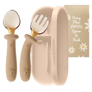티지엠 데이지 플렉시 PPSU 자기주도 이유식 휘어지는 각도 조절 스푼 포크 케이스 세트, 탠브라운, 1세트