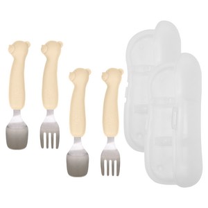 티지엠 곰돌이 캐릭터 실리콘 스테인리스 이유식 스푼&포크 세트 쁘띠 에디션, 베이지(스푼, 포크..., 2세트