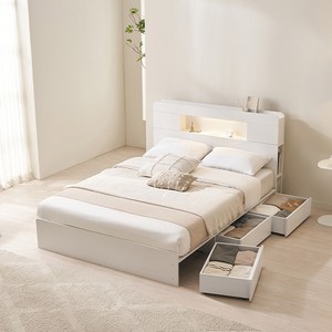 삼익가구 루이드 수납형 LED 합성목재 3단 서랍 침대, 화이트, 아이보리, 퀸