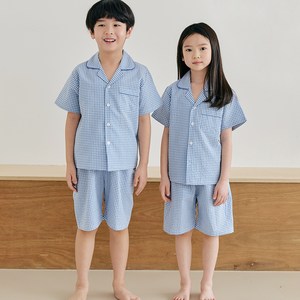 핑코코 아동용 스몰 블루체크 반팔 상하의 세트