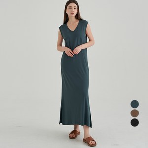 ELLE PARIS 찰랑 레이온 브이넥 민소매 슬림핏 롱 원피스