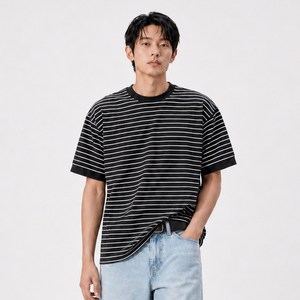 제이에이치스타일 남성용 세미오버핏 아이스 스트라이프 니트 반팔 티셔츠 MAMROK678