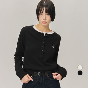 ELLEPARIS 여성용 자수 로고 와플 헨리넥 폴로 티셔츠