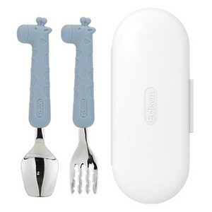 에디슨 실리콘 스푼 포크 케이스 세트 베이비, 기린블루, 스푼 + 포크 + ..., 1세트