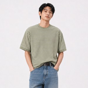제이에이치스타일 남성용 세미오버핏 아이스 스트라이프 니트 반팔 티셔츠 MAMROK678