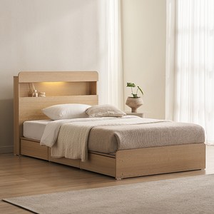 스칸디아 앤디 3단 서랍 LED LPM 벙커 수납 침대 프레임, 오크, 슈퍼싱글