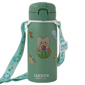 프레쉬어랏 럭키 원터치 보온보냉 텀블러 + 스티커 + 스트랩 세트, 그린, 350ml, 1세트