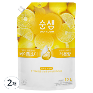 순샘 베이킹소다 레몬 주방세제 리필, 1.2L, 2개