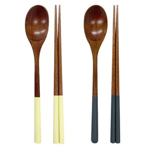 키볼리 한식 파스텔 옻칠 나무 수저 2인세트, 옐로우 + 다크블루, 숟가락 2종 + 젓..., 1세트