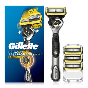질레트 프로쉴드 옐로우 파워 면도기 핸들 + 면도날 4입, 1세트