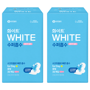 화이트 수퍼흡수 울트라슬림 생리대 날개형, 중형, 36개입, 2개