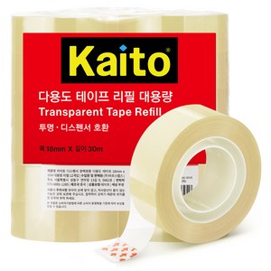 Kaito 디스펜서 완벽호환 다용도 투명 셀로판 테이프 리필용 18mm x 30m, 12개