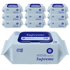 순별 수딩케어 저자극 아기물티슈 슈프림 엠보싱 캡형, 70매, 80g, 10팩