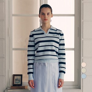 [장원영 착용] 로라로라 여성용 V NECK COLLAR STRIPE KNIT PULLOVER