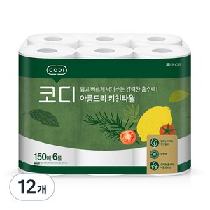 코디 아름드리 천연펄프 키친타올, 150매, 12개