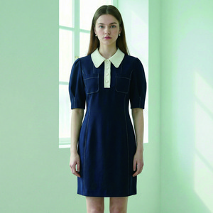 올리브데올리브 여성용 라운드 배색 카라 슬림핏 미니 원피스