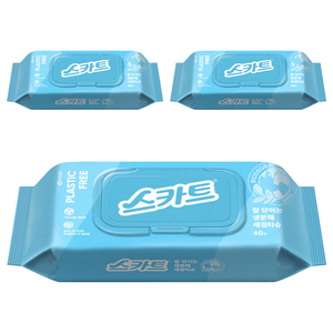 스카트 잘 닦이는 생분해 세정티슈 60p, 3개